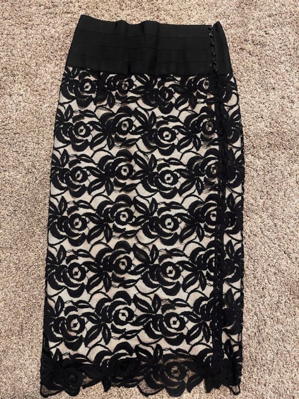 Body by Victoria 100% Silk Lined Black Lace Pencil Midi Skirt Size 8